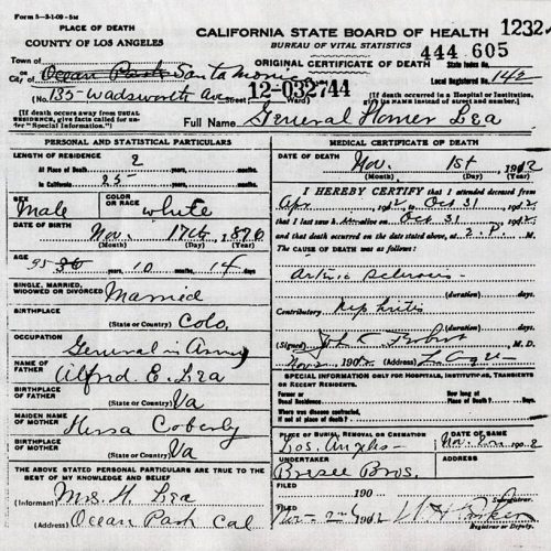 Homer Lea's death certificate.